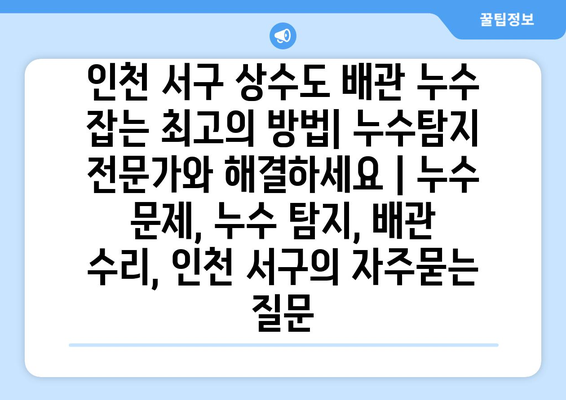 인천 서구 상수도 배관 누수 잡는 최고의 방법| 누수탐지 전문가와 해결하세요 | 누수 문제, 누수 탐지, 배관 수리, 인천 서구