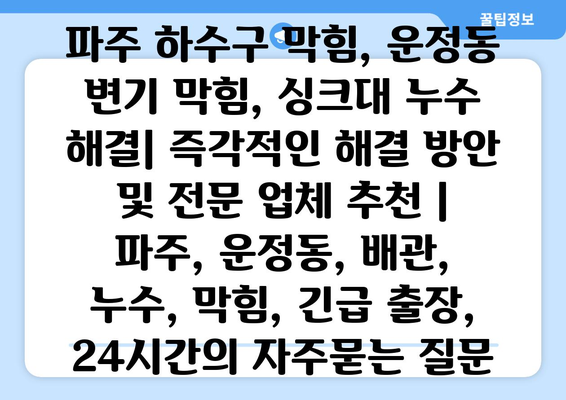 파주 하수구 막힘, 운정동 변기 막힘, 싱크대 누수 해결| 즉각적인 해결 방안 및 전문 업체 추천 | 파주, 운정동, 배관, 누수, 막힘, 긴급 출장, 24시간